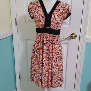 A-List Retro Y2K Multicolor Leaves V-Neck Fit & Flare Jersey Mini Dress S